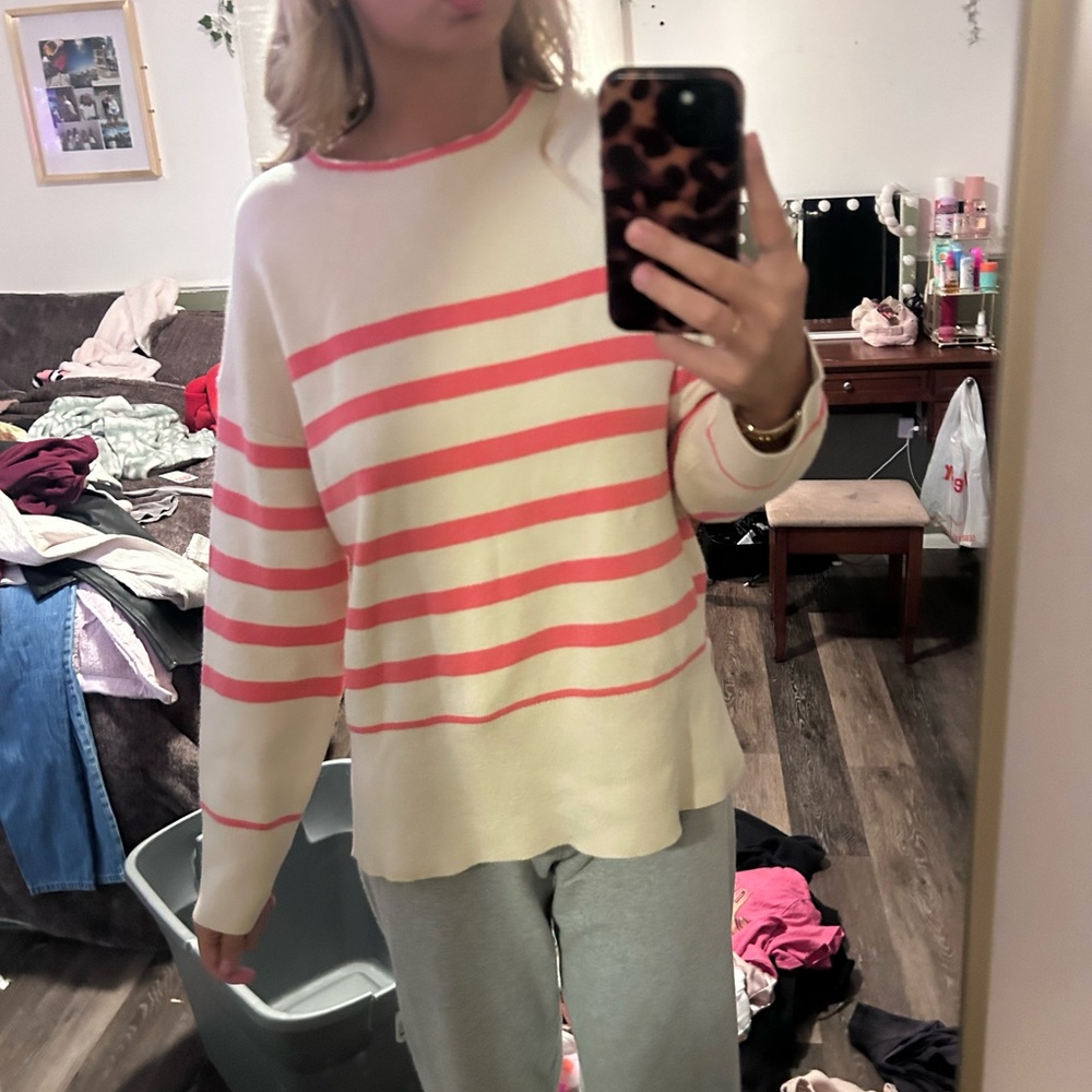 Tahari Pink and Cream Striped Sweater